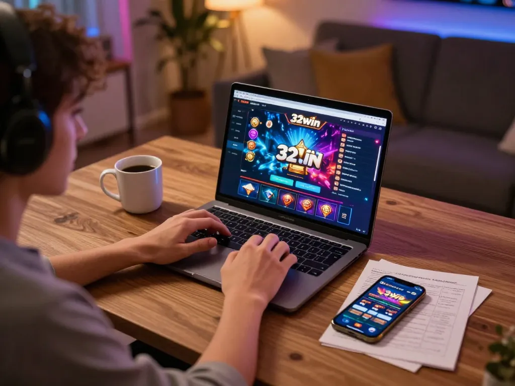 Engaged player using 32win app on laptop for online casino gaming in cozy setup.