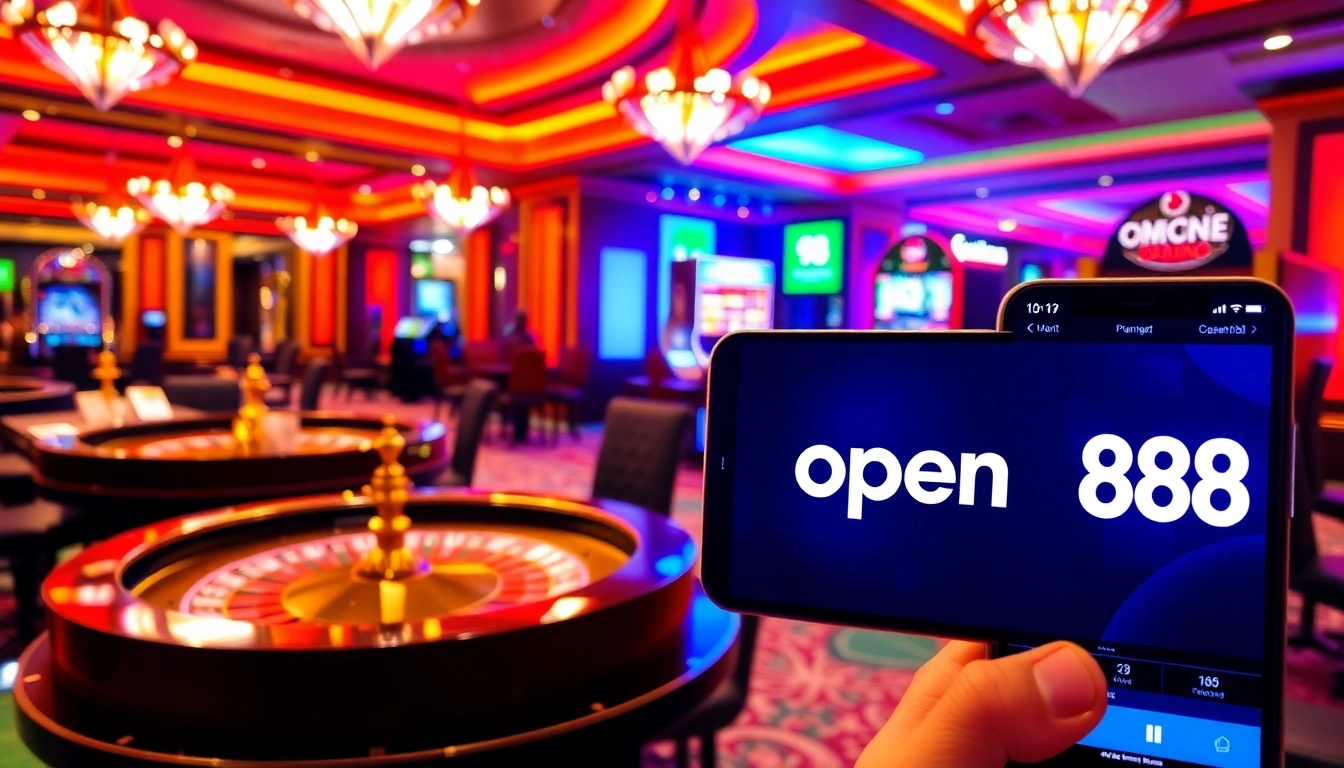 Players are enjoying the open88 online casino experience with bright slot machines and roulette tables.