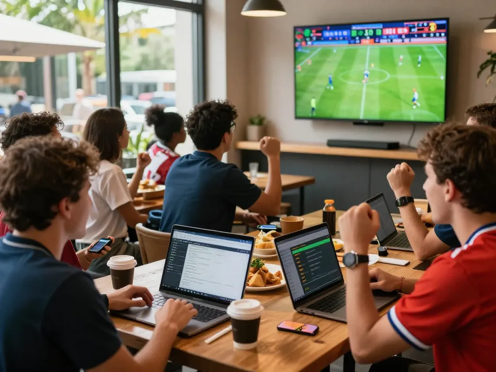 Exciting sports betting scene with friends engaging in 1gom functionalities.