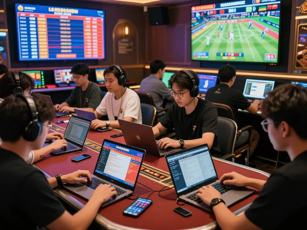 Players enjoying lô đề online, engaging in vibrant betting activities with digital devices.