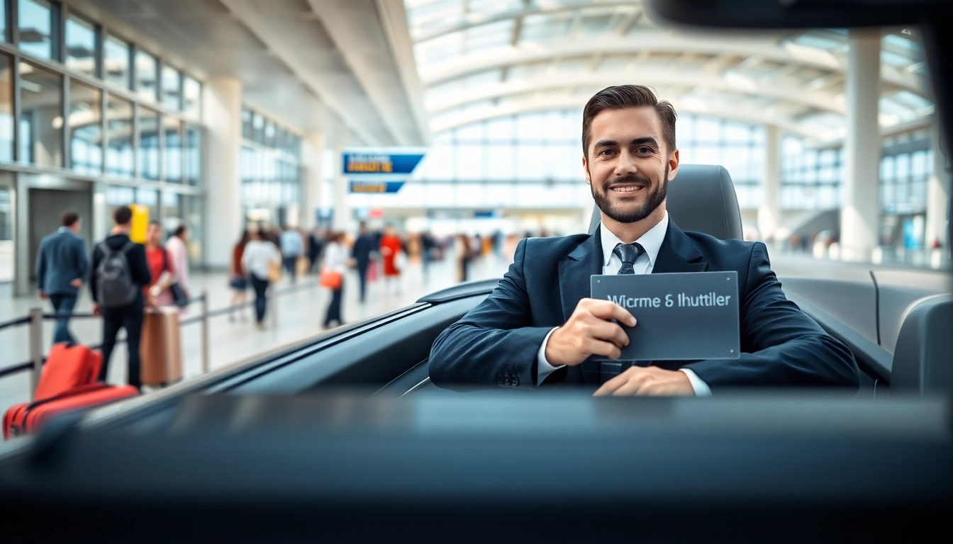 Professional driver providing Airport Transfers at busy airport terminal entrance, welcoming passengers.