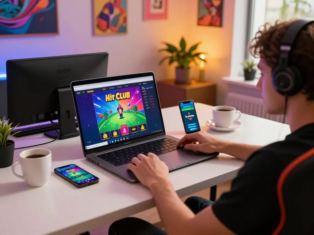 Engaging gaming scene showing игрок наácil tải hitclub на смартфоне и ноутбуке.