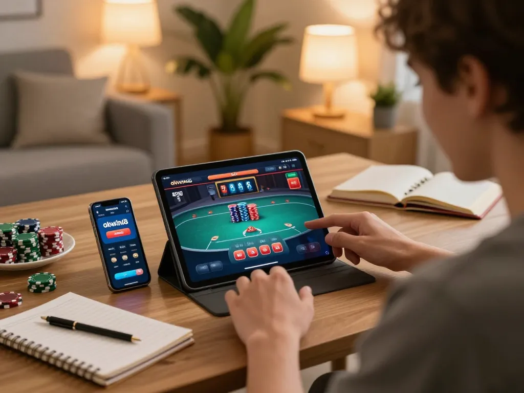 Person enjoying poker on the okwin68 app in a cozy setting, emphasizing responsible online gambling.
