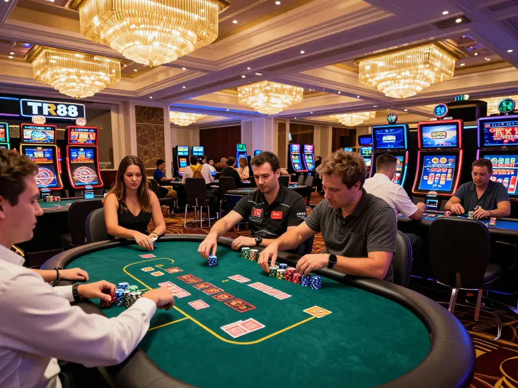 Engaging players at TR88 casino, chips stacking at poker tables for an exciting night of gaming.