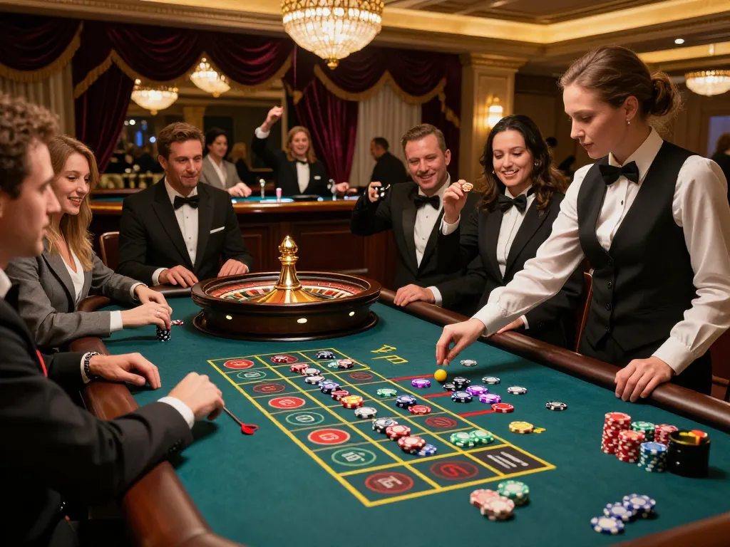 Players enjoying thrilling roulette action at 13win casino, vibrant chips and excitement surrounding the elegant table.