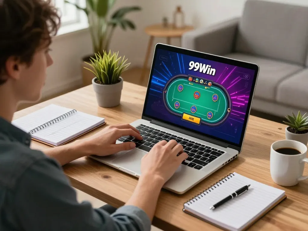 Person enjoying 99Win online casino game on a laptop in a cozy home office setting.