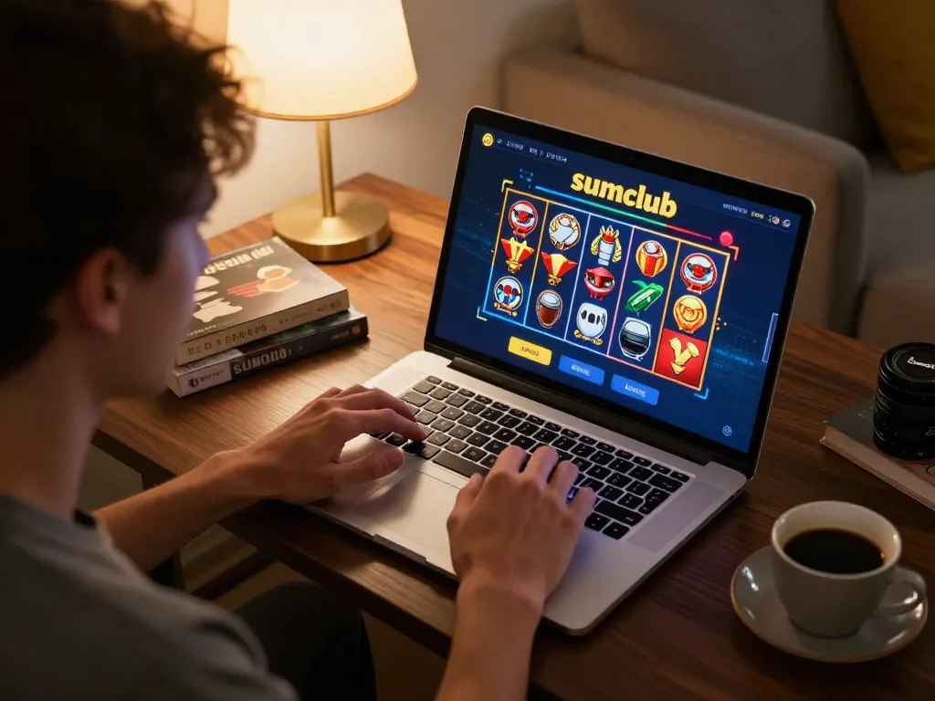 Engaging with sumclub interface during an exciting online gaming session at home