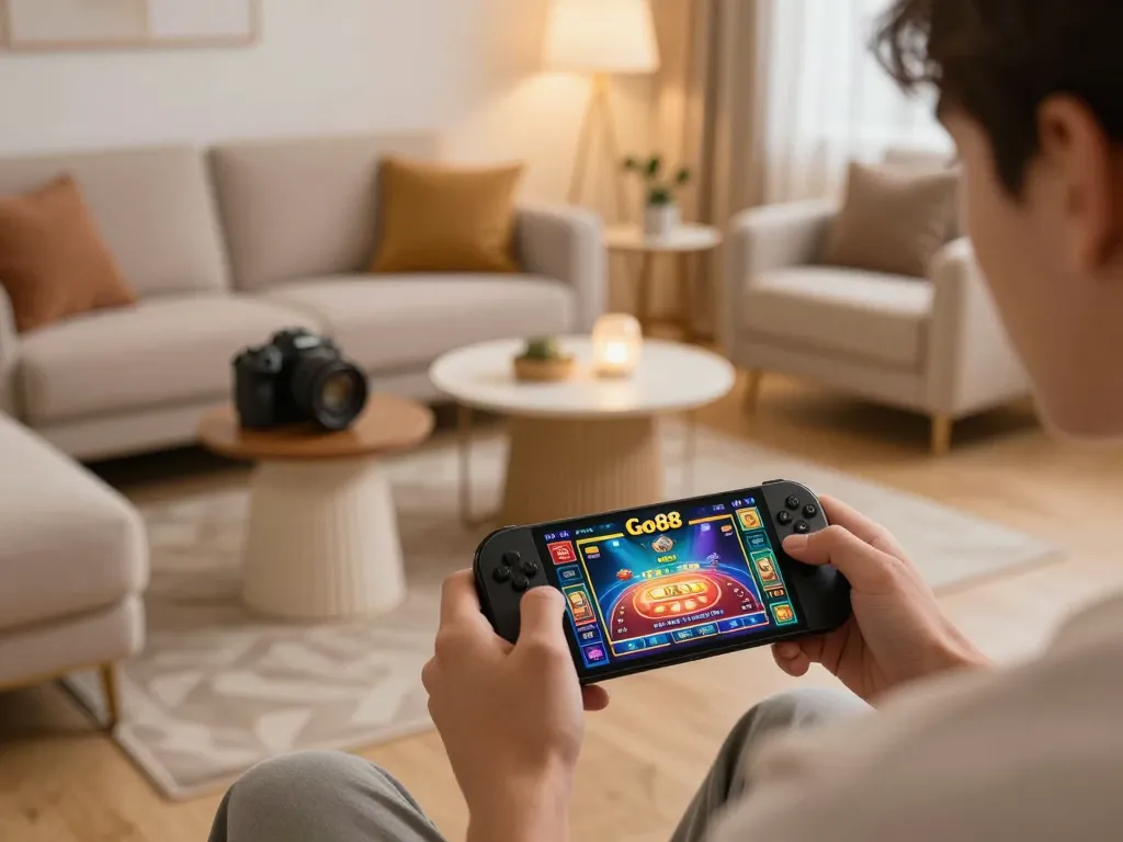 Engaging player enjoying Go88 action on smartphone in cozy gaming room atmosphere.