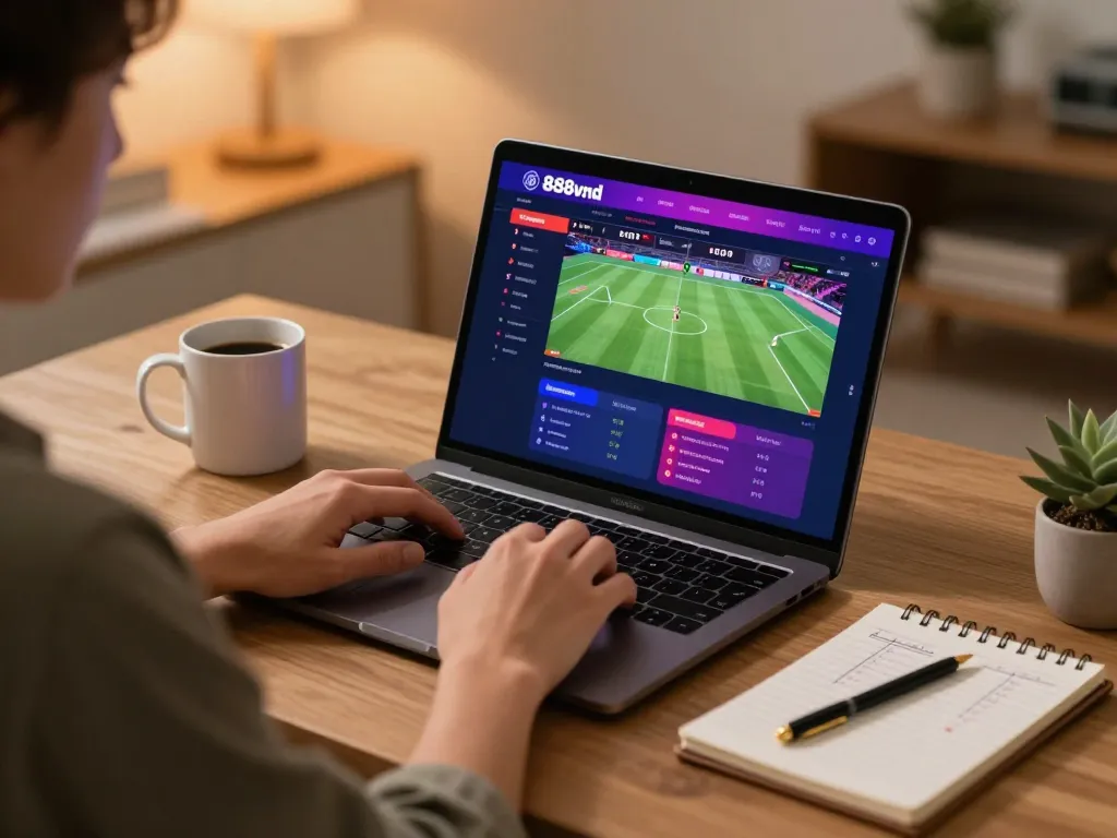 Person analyzing bets on 888vnd in a cozy home office, highlighting modern sports betting.