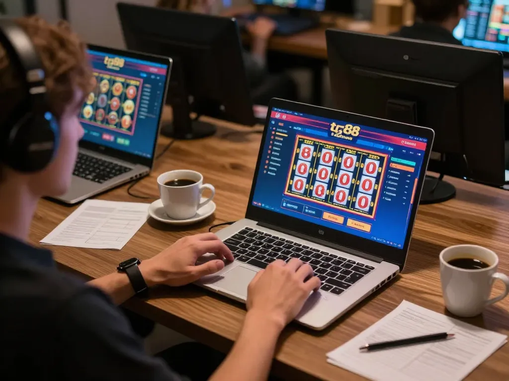 Engaged user exploring tg88 online casino on a laptop in a cozy gaming setup