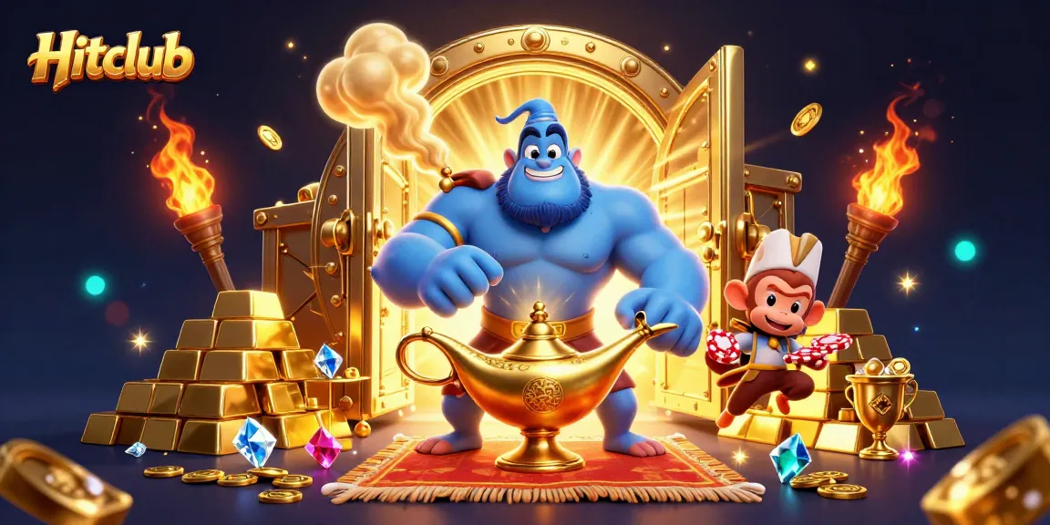 Hitclub offers thrilling gameplay illustrated with a 3D blue genie, golden treasures, and poker excitement.