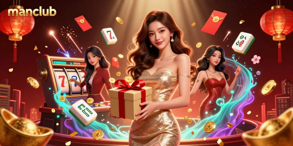 manclub captivates players with a stunning festive scene, featuring dynamic slot elements and an Asian model welcoming with golden coins.