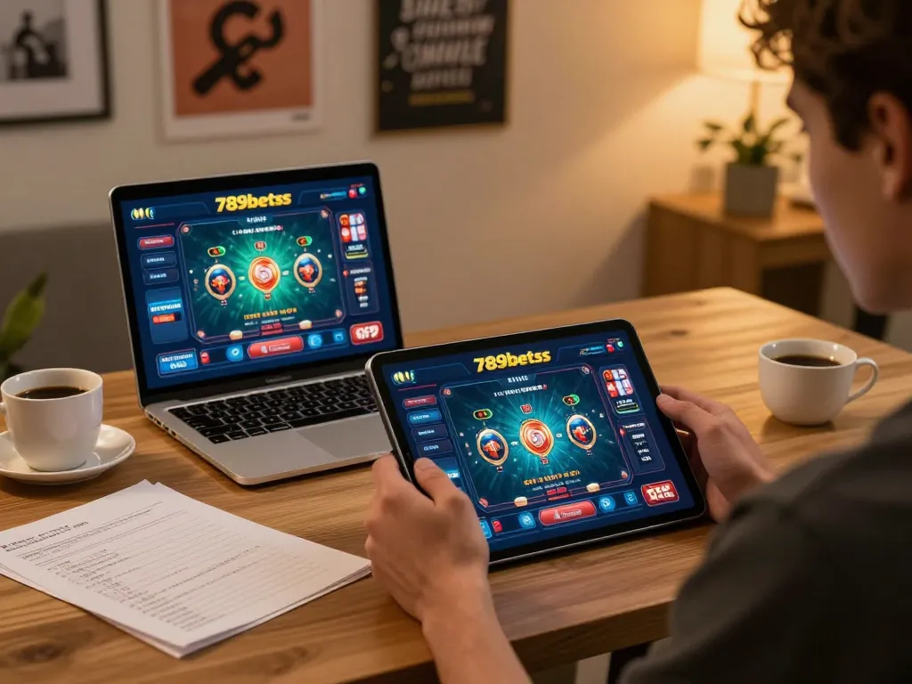 Player enjoying a live game on 789betss tablet, showcasing strategic gaming decisions in a cozy home setting.