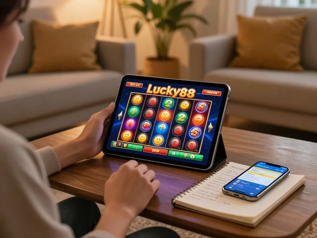 Engaging with the lucky88 slot game on a tablet in a cozy home setting, showcasing strategic gaming.