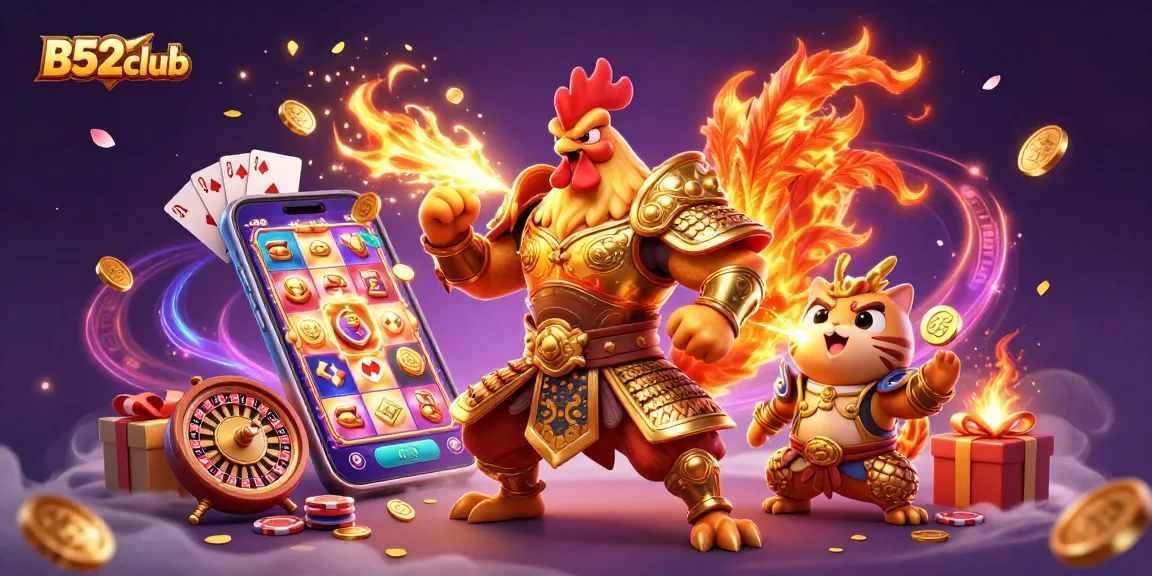 Bets explode with excitement at B52club's immersive gaming experience featuring animated characters and vibrant casino elements.