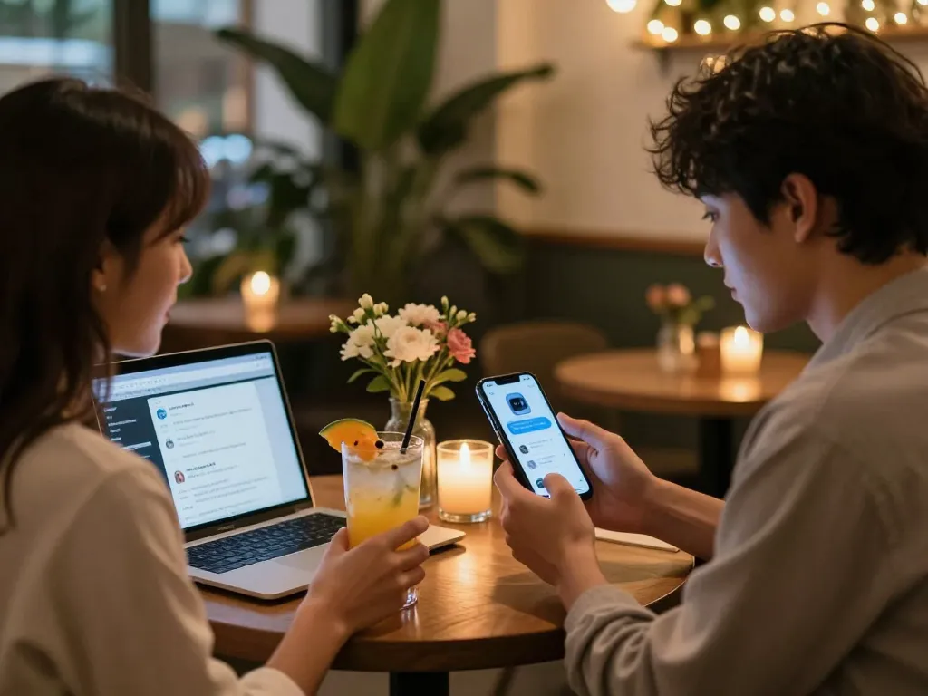 Couple exploring romantic interactions with AI technology in a cozy café setting, featuring sex ai chatbot-enhanced conversation.