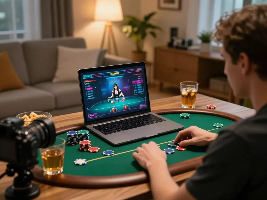 Player engaging in online poker at home on open88ss, surrounded by snacks and warm ambiance