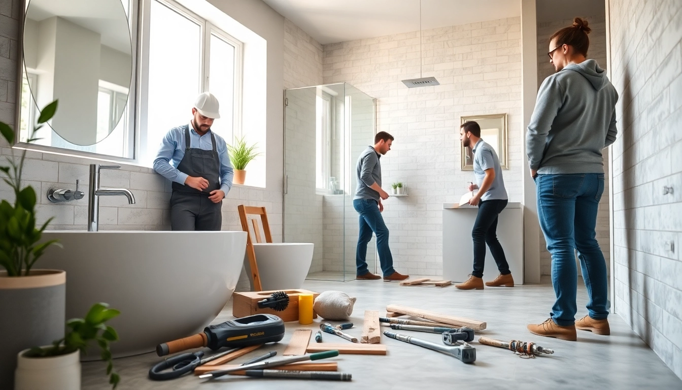 Bathroom builders near me renovating a modern bathroom with stylish fixtures and natural light.