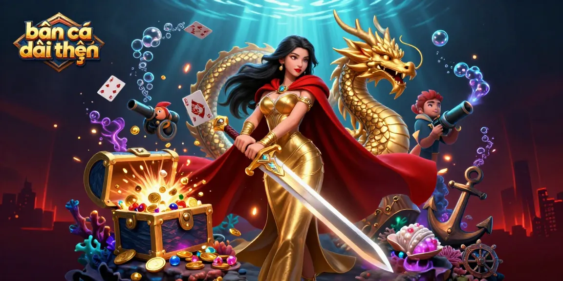 Bắn cá đổi thưởng illustration showing a heroic Asian woman and a golden dragon, amidst treasure and underwater elements, featuring fish cannon action.