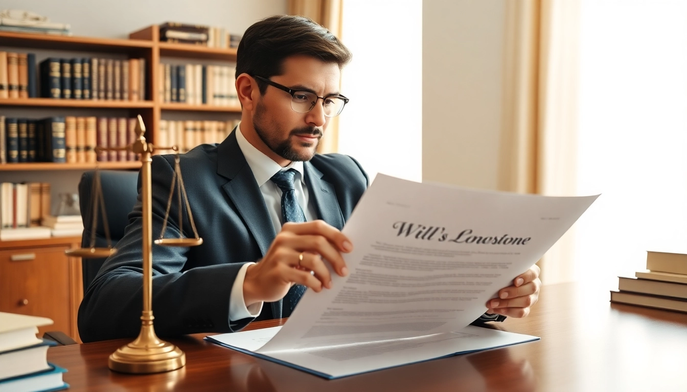 Lawyer examining Wills documents in a sophisticated office setting.