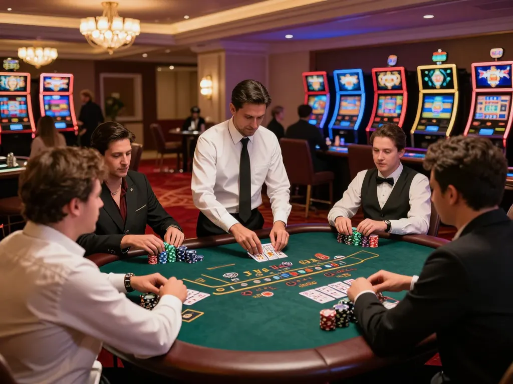 Players engaging in high-stakes blackjack at an upscale casino, enhancing mk8 gaming strategies.