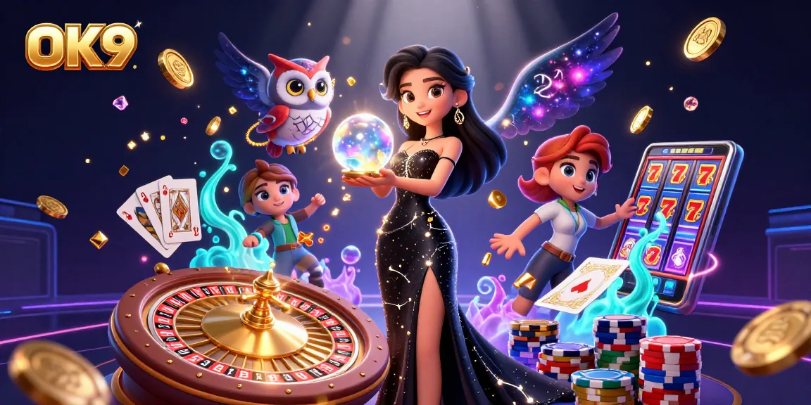 Engage in thrilling gameplay with OK9 through an enchanting 3D casino scene featuring stunning characters and vibrant elements.