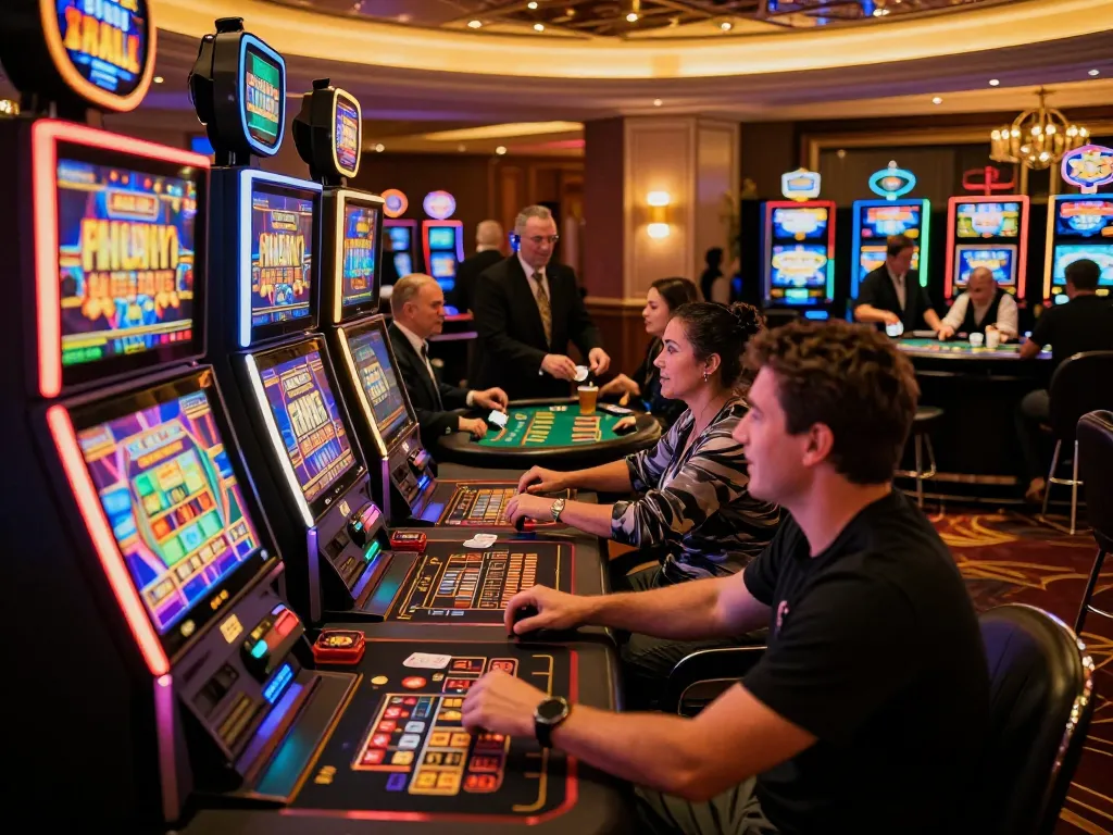 Players enjoying slot machines at a vibrant casino floor while experiencing debet gambling excitement.
