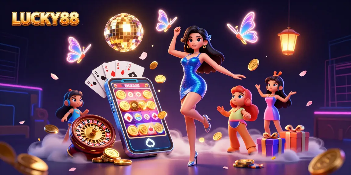 Experience the vibrant gaming action of LUCKY88 featuring a glamorous dancer surrounded by enchanting slot game elements.