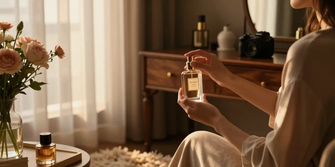 Person applying Razanomade fragrance at stylish vanity, highlighting luxury experience.