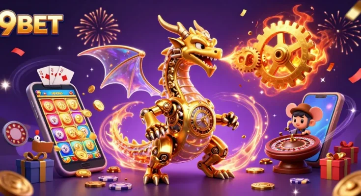 Win big with 9BET as colorful slot games come to life in an exciting casino illustration.