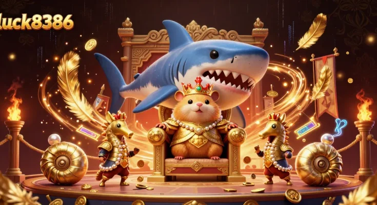 Enjoy thrilling gameplay at luck8386 with a vibrant 3D scene featuring a golden hamster king and immersive casino elements.
