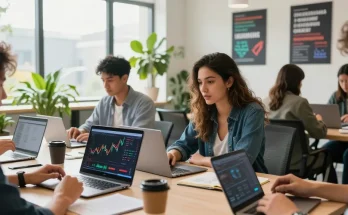 Buy BRICS coins in a collaborative workspace with professionals discussing investment strategies and cryptocurrency.