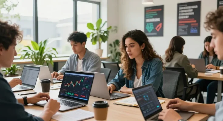 Buy BRICS coins in a collaborative workspace with professionals discussing investment strategies and cryptocurrency.