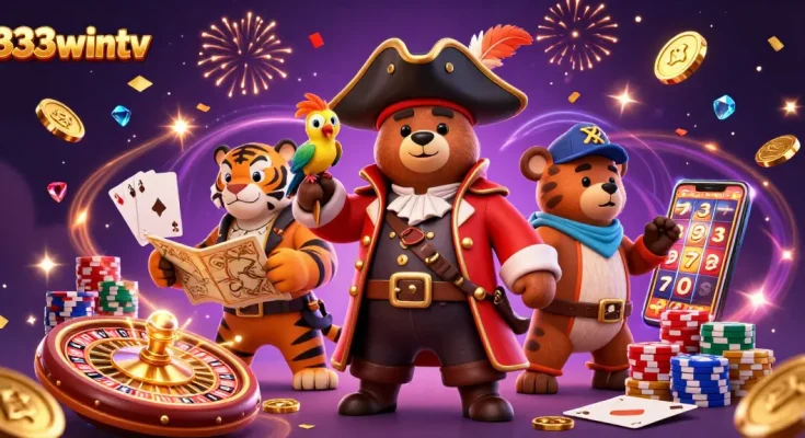 Experience the excitement at 333wintv with a scene of jubilant casino activities, showcasing pirates and rewards.