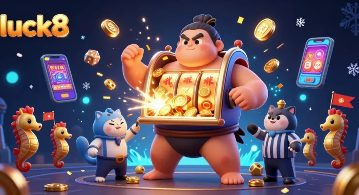 Witness the thrilling excitement at luck8 with a 3D cartoon fugu, slot machines, and dynamic casino action.