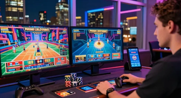 Exciting scene at casinos that take credit cards, showcasing a gamer surrounded by vibrant gaming aesthetics.
