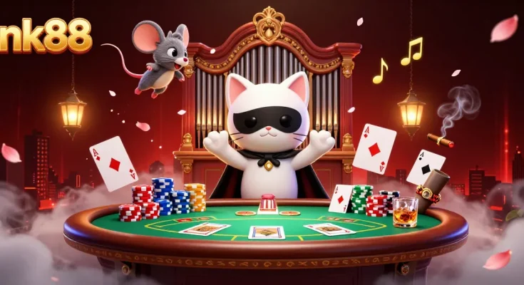 Spin the reels like a pro at nk88's vibrant casino with a playful cat and mouse scene.