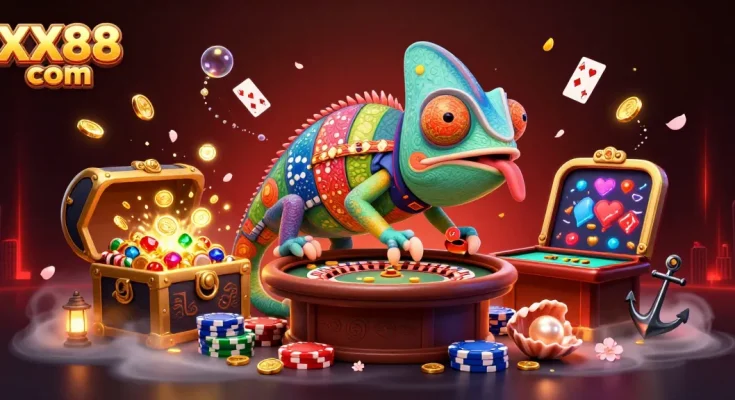 Play and win at XX88 com with exciting casino games amidst lively 3D illustrations.