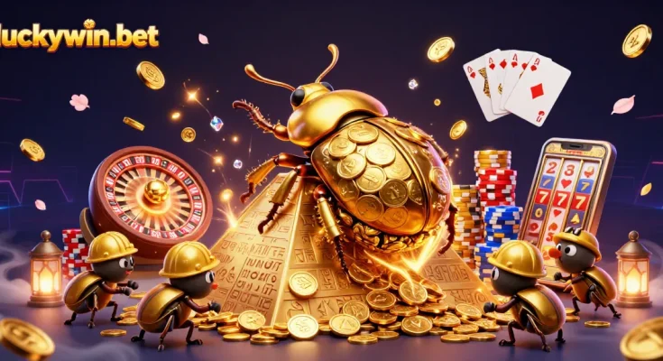 Experience thrilling games at luckywin-bet with a vibrant casino scene featuring animated characters and gold coins
