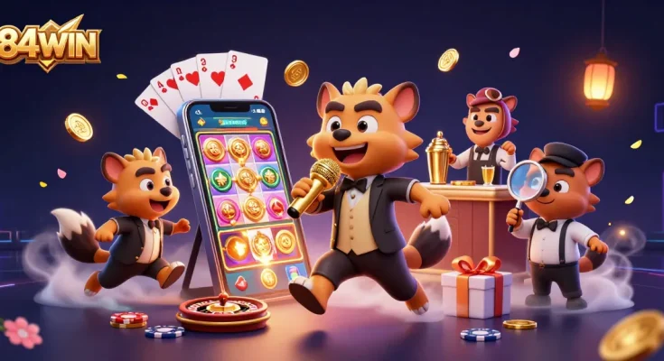 Experience the excitement of 84WIN with lively hyenas in a vibrant casino illustration.