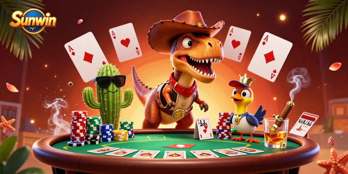Join the thrilling Sunwin gaming adventure with a cowboy dinosaur and friends at a vibrant poker table.