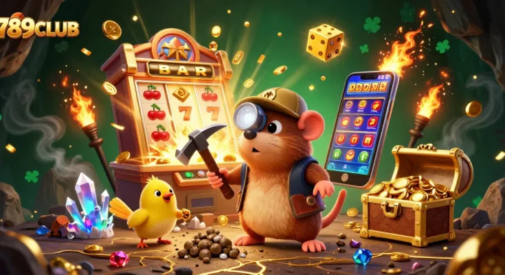Check out 789CLUB's thrilling treasure hunt scene with a treasure hunter and vibrant casino elements.