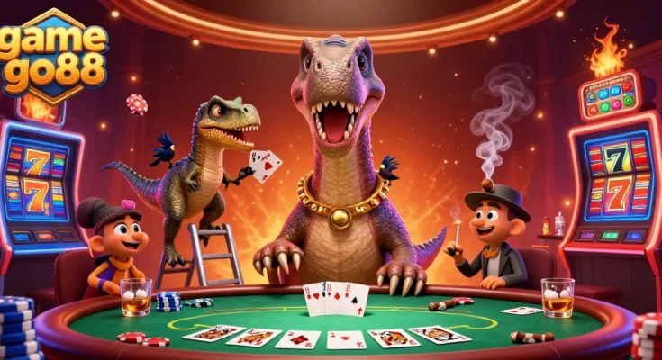Engage in thrilling gameplay at game go88 with a vibrant casino scene featuring a giant brontosaurus and dynamic poker action.