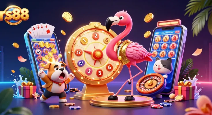 Experience thrilling gameplay at rs88 with a vibrant casino scene featuring exciting slot games, golden prizes, and animated characters.
