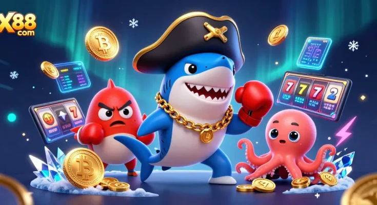 Engage in thrilling gaming with X88 com, showcasing vibrant casino characters and crypto elements.