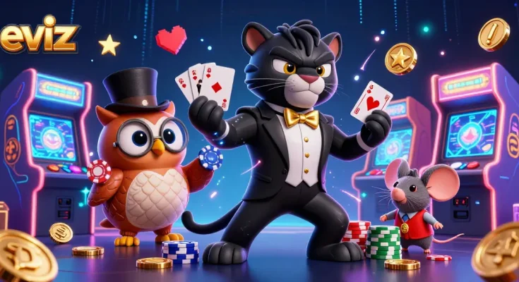 eviz casino characters dealing cards with poker chips in a vibrant 3D gaming scene