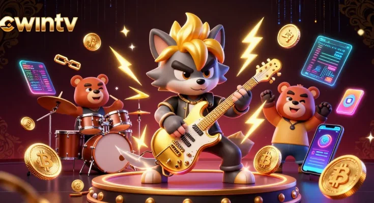 Experience the excitement of cwintv with a vibrant 3D casino scene featuring animated characters and crypto elements.