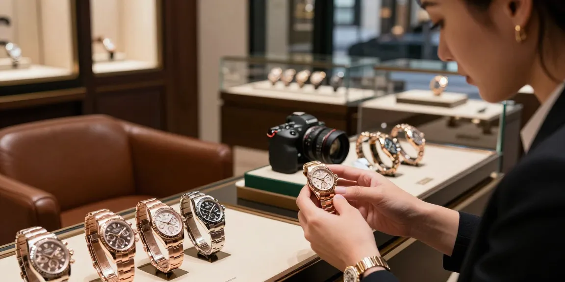 Explore a selection of rolex super clone watches highlighting exquisite details and luxury in a boutique.
