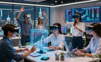 rokok88 highlights virtual real estate investment with diverse professionals engaging in futuristic technology.