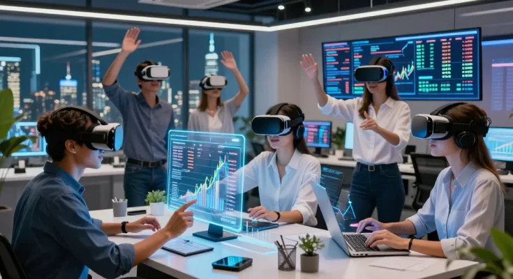 rokok88 highlights virtual real estate investment with diverse professionals engaging in futuristic technology.